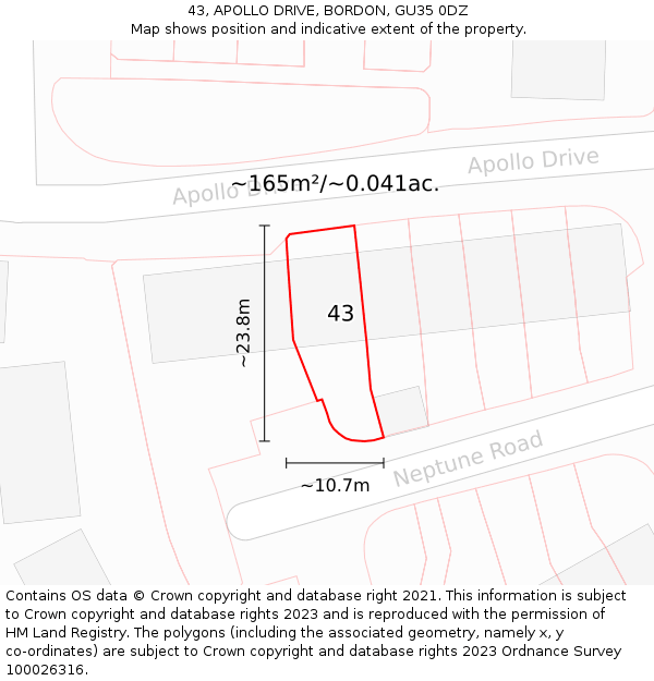 43, APOLLO DRIVE, BORDON, GU35 0DZ: Plot and title map