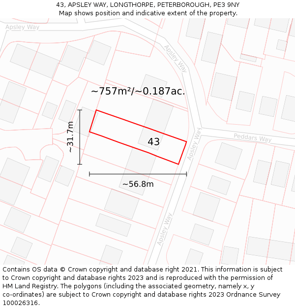 43, APSLEY WAY, LONGTHORPE, PETERBOROUGH, PE3 9NY: Plot and title map