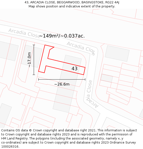 43, ARCADIA CLOSE, BEGGARWOOD, BASINGSTOKE, RG22 4AJ: Plot and title map