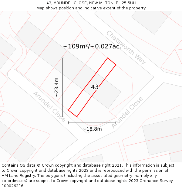 43, ARUNDEL CLOSE, NEW MILTON, BH25 5UH: Plot and title map