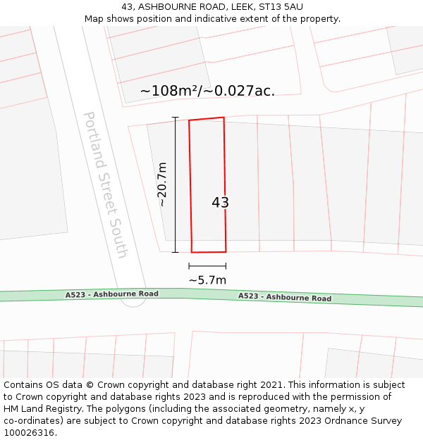 43, ASHBOURNE ROAD, LEEK, ST13 5AU: Plot and title map