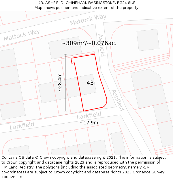 43, ASHFIELD, CHINEHAM, BASINGSTOKE, RG24 8UF: Plot and title map