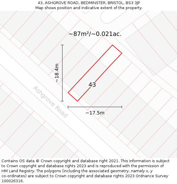 43, ASHGROVE ROAD, BEDMINSTER, BRISTOL, BS3 3JP: Plot and title map