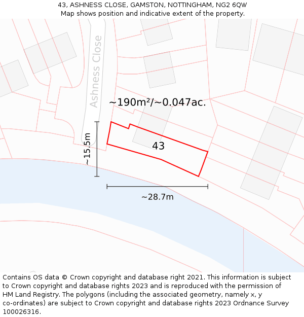 43, ASHNESS CLOSE, GAMSTON, NOTTINGHAM, NG2 6QW: Plot and title map