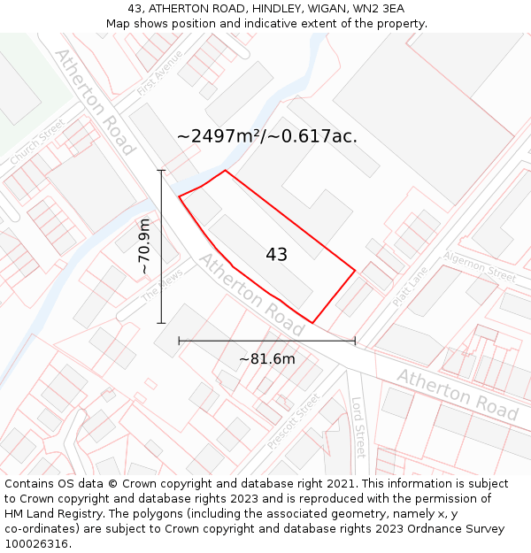 43, ATHERTON ROAD, HINDLEY, WIGAN, WN2 3EA: Plot and title map
