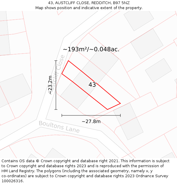 43, AUSTCLIFF CLOSE, REDDITCH, B97 5NZ: Plot and title map