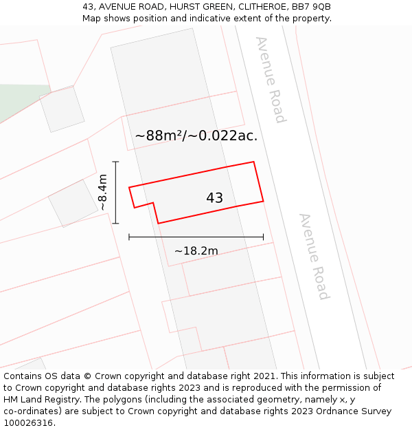 43, AVENUE ROAD, HURST GREEN, CLITHEROE, BB7 9QB: Plot and title map