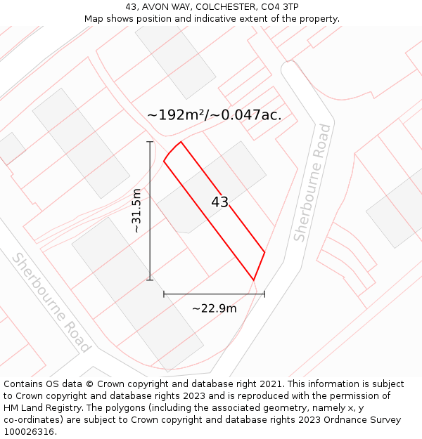 43, AVON WAY, COLCHESTER, CO4 3TP: Plot and title map
