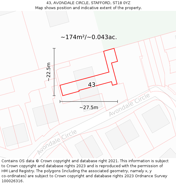 43, AVONDALE CIRCLE, STAFFORD, ST18 0YZ: Plot and title map