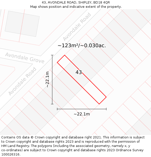 43, AVONDALE ROAD, SHIPLEY, BD18 4QR: Plot and title map