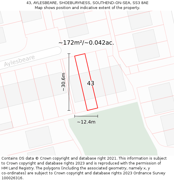 43, AYLESBEARE, SHOEBURYNESS, SOUTHEND-ON-SEA, SS3 8AE: Plot and title map