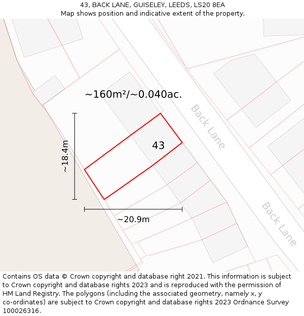 43, BACK LANE, GUISELEY, LEEDS, LS20 8EA: Plot and title map