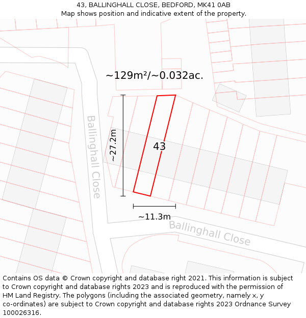 43, BALLINGHALL CLOSE, BEDFORD, MK41 0AB: Plot and title map