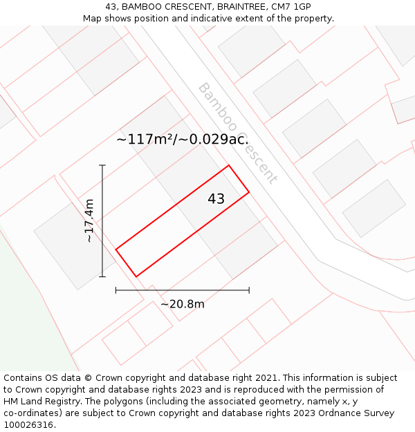 43, BAMBOO CRESCENT, BRAINTREE, CM7 1GP: Plot and title map