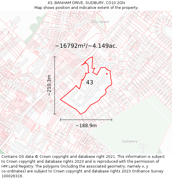 43, BANHAM DRIVE, SUDBURY, CO10 2GN: Plot and title map