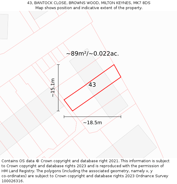43, BANTOCK CLOSE, BROWNS WOOD, MILTON KEYNES, MK7 8DS: Plot and title map