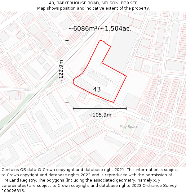 43, BARKERHOUSE ROAD, NELSON, BB9 9ER: Plot and title map