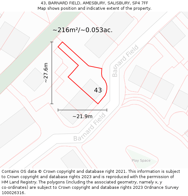 43, BARNARD FIELD, AMESBURY, SALISBURY, SP4 7FF: Plot and title map