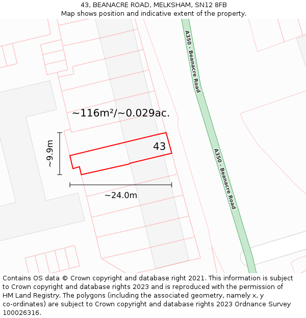 43, BEANACRE ROAD, MELKSHAM, SN12 8FB: Plot and title map