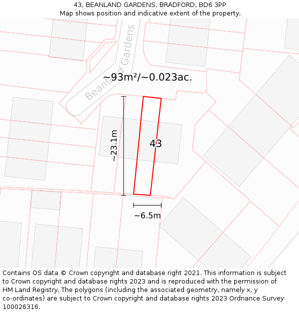 43, BEANLAND GARDENS, BRADFORD, BD6 3PP: Plot and title map
