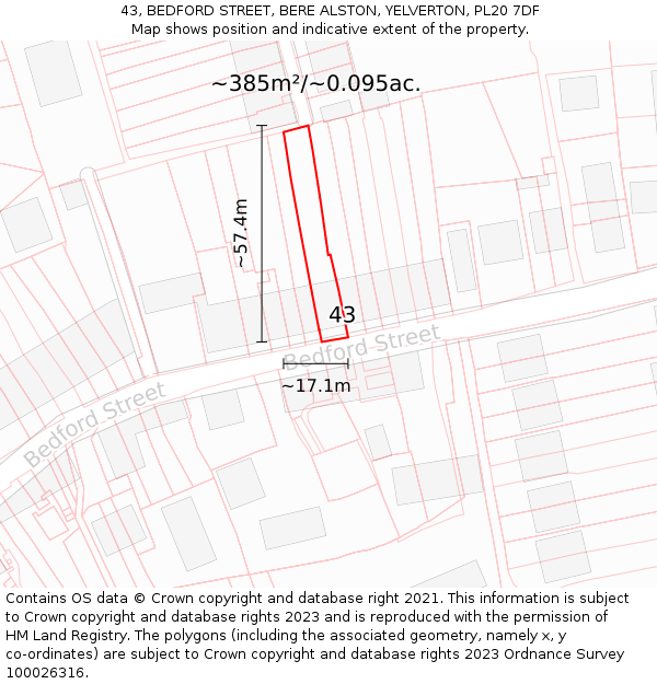 43, BEDFORD STREET, BERE ALSTON, YELVERTON, PL20 7DF: Plot and title map