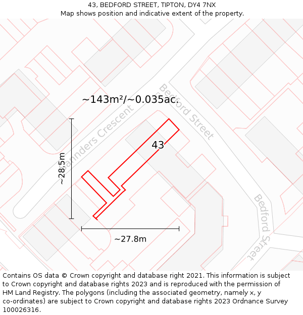 43, BEDFORD STREET, TIPTON, DY4 7NX: Plot and title map