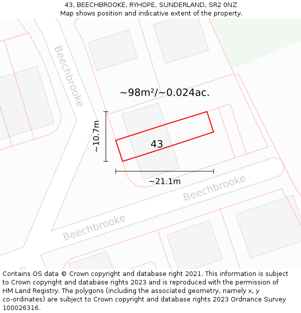 43, BEECHBROOKE, RYHOPE, SUNDERLAND, SR2 0NZ: Plot and title map