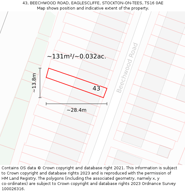 43, BEECHWOOD ROAD, EAGLESCLIFFE, STOCKTON-ON-TEES, TS16 0AE: Plot and title map
