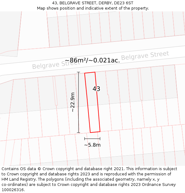43, BELGRAVE STREET, DERBY, DE23 6ST: Plot and title map