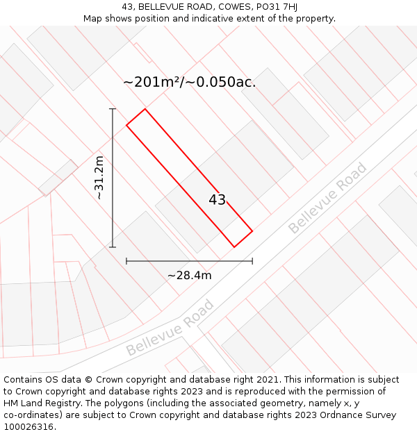 43, BELLEVUE ROAD, COWES, PO31 7HJ: Plot and title map