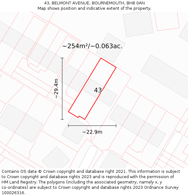 43, BELMONT AVENUE, BOURNEMOUTH, BH8 0AN: Plot and title map