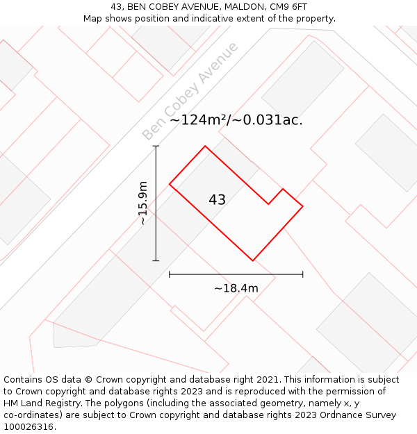 43, BEN COBEY AVENUE, MALDON, CM9 6FT: Plot and title map