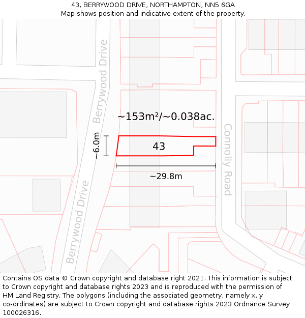 43, BERRYWOOD DRIVE, NORTHAMPTON, NN5 6GA: Plot and title map