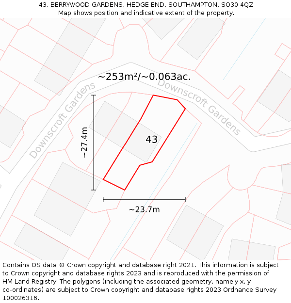 43, BERRYWOOD GARDENS, HEDGE END, SOUTHAMPTON, SO30 4QZ: Plot and title map