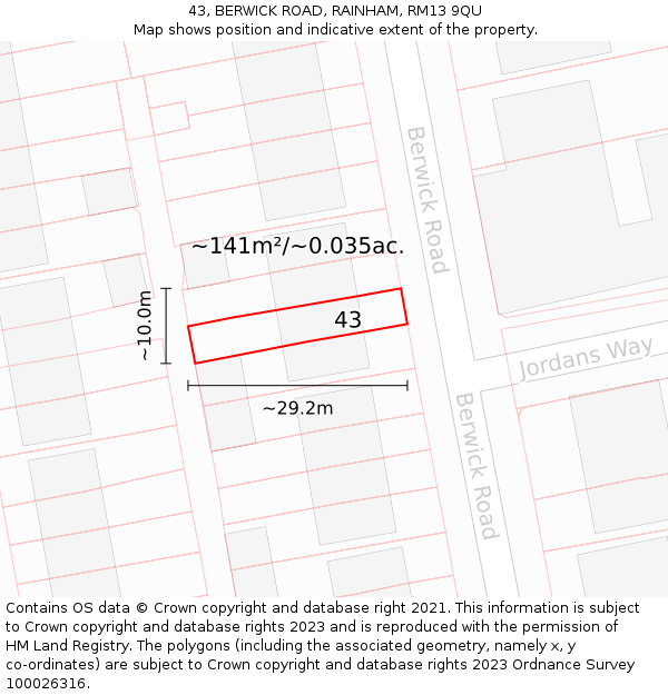 43, BERWICK ROAD, RAINHAM, RM13 9QU: Plot and title map