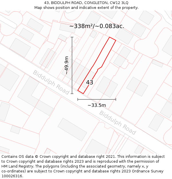 43, BIDDULPH ROAD, CONGLETON, CW12 3LQ: Plot and title map