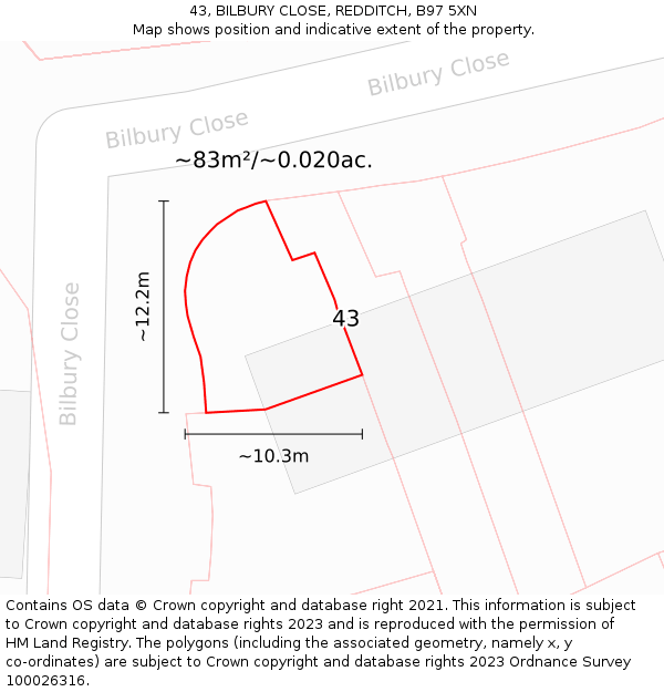 43, BILBURY CLOSE, REDDITCH, B97 5XN: Plot and title map