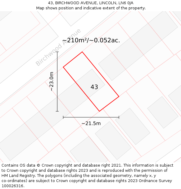 43, BIRCHWOOD AVENUE, LINCOLN, LN6 0JA: Plot and title map