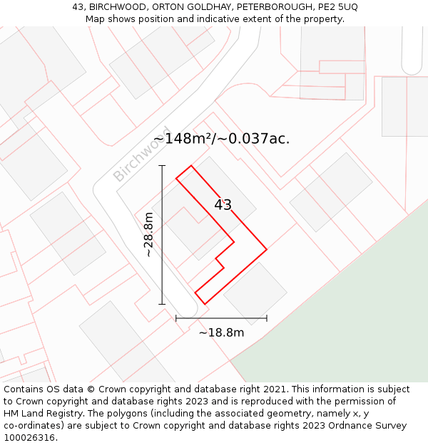 43, BIRCHWOOD, ORTON GOLDHAY, PETERBOROUGH, PE2 5UQ: Plot and title map
