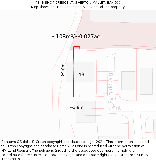 43, BISHOP CRESCENT, SHEPTON MALLET, BA4 5XX: Plot and title map
