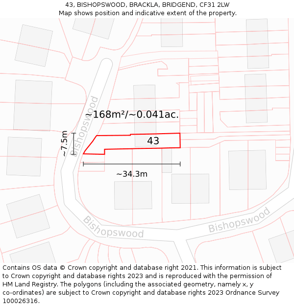 43, BISHOPSWOOD, BRACKLA, BRIDGEND, CF31 2LW: Plot and title map