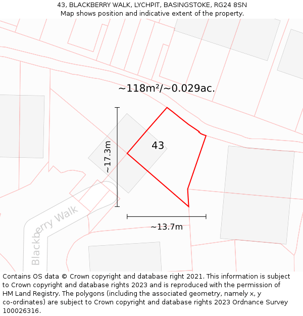 43, BLACKBERRY WALK, LYCHPIT, BASINGSTOKE, RG24 8SN: Plot and title map