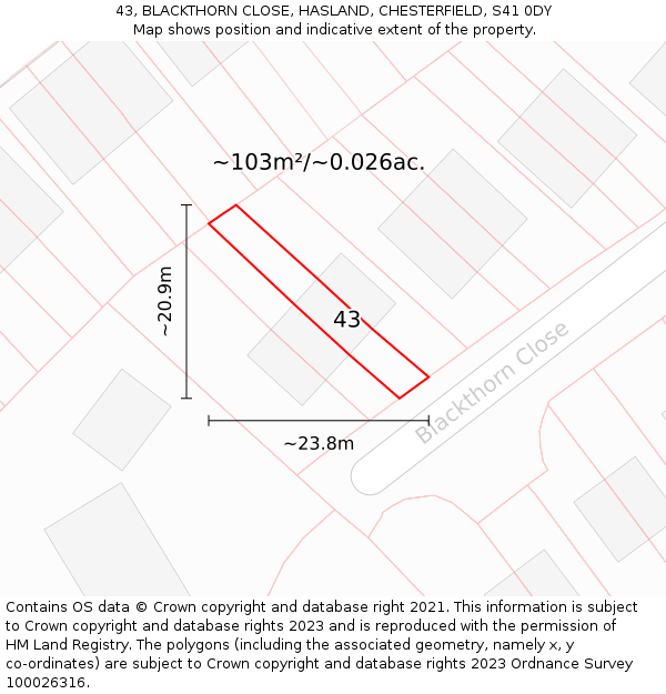43, BLACKTHORN CLOSE, HASLAND, CHESTERFIELD, S41 0DY: Plot and title map
