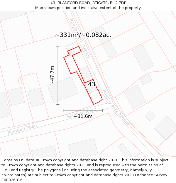 43, BLANFORD ROAD, REIGATE, RH2 7DP: Plot and title map