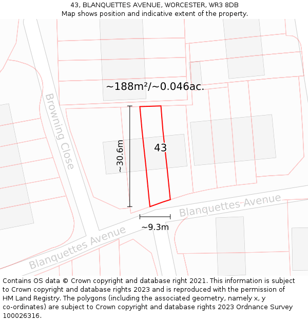 43, BLANQUETTES AVENUE, WORCESTER, WR3 8DB: Plot and title map