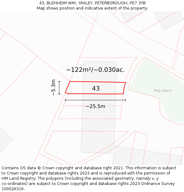 43, BLENHEIM WAY, YAXLEY, PETERBOROUGH, PE7 3YB: Plot and title map