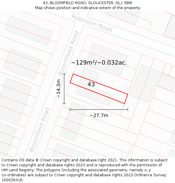 43, BLOOMFIELD ROAD, GLOUCESTER, GL1 5BW: Plot and title map