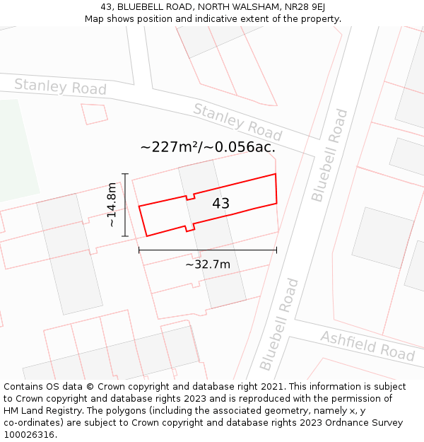43, BLUEBELL ROAD, NORTH WALSHAM, NR28 9EJ: Plot and title map