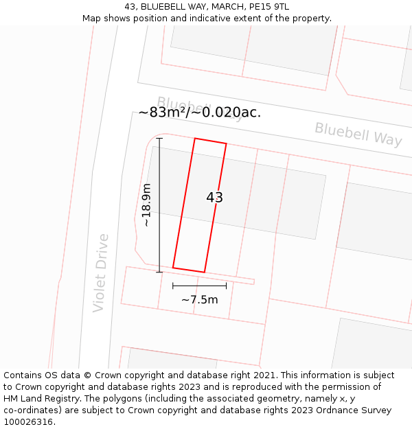 43, BLUEBELL WAY, MARCH, PE15 9TL: Plot and title map