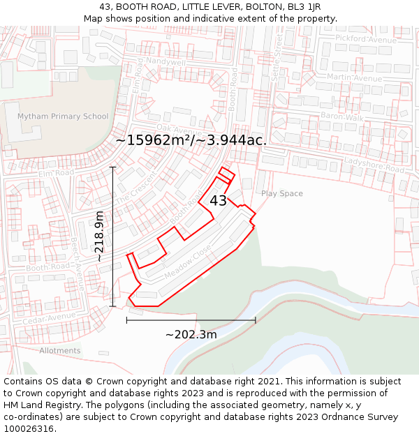 43, BOOTH ROAD, LITTLE LEVER, BOLTON, BL3 1JR: Plot and title map
